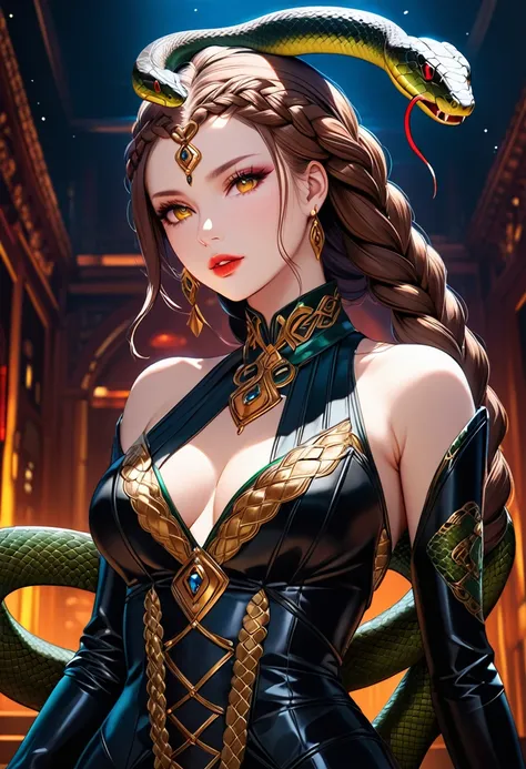 dark fantasy art  (braids thar become living snakes: 1.5) of a beautiful woman, reptilian eyes, pale skin, having twin snake bra...