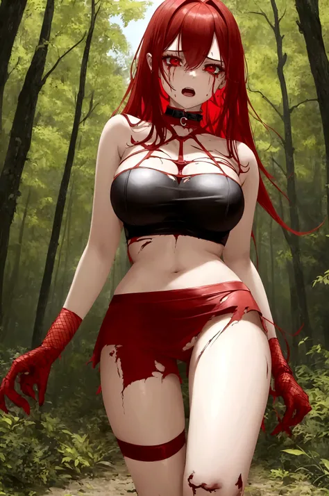 Damsel in distress. Human woman (young 18. red miniskirt (damaged and torn), red fishnet top) is fleeing through the woods crying and scared, werewolf chasing her, forest
