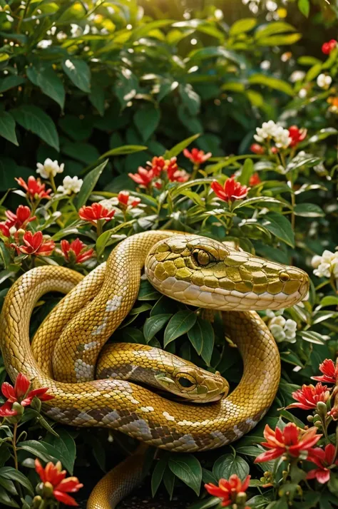 a snake surrounded by white, red and golden flowers, detailed snake, detailed flowers, intricate floral details, highly detailed, photorealistic, 8k, masterpiece, studio lighting, vibrant colors, natural lighting, lush garden, nature scene