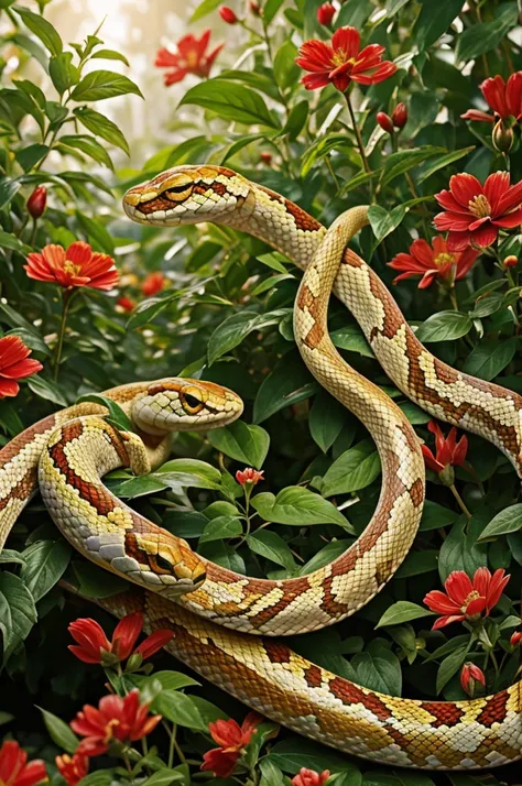 a snake surrounded by white, red and golden flowers, detailed snake, detailed flowers, intricate floral details, highly detailed, photorealistic, 8k, masterpiece, studio lighting, vibrant colors, natural lighting, lush garden, nature scene