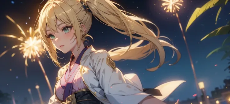 layla , kimono night in firework , blonde hair, pigtailed haired , long hair , green eyes