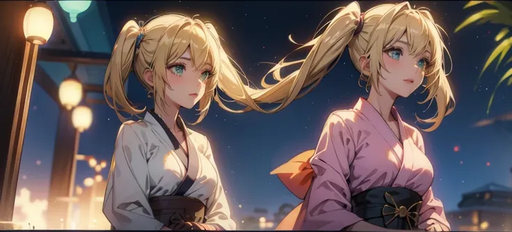 Layla , kimono night in firework , blonde hair, pigtailed haired , long hair , green eyes