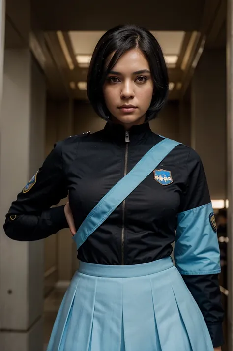 (highest resolution, distinct_image), Best Quality, Masterpiece, Very detailed, semi-realist, a woman with shoulder-length black hair, black pupils, maduro, maduro woman, imperial sister, sexy, short hair, triple bangs, light blue uniform, light blue unifo...