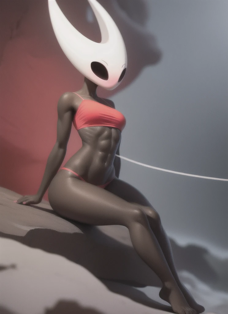 hornet, cute, chibi, no feet, furry girl, slim,anthro, thread, solo, red panties, bare feet, sits,  hands behind his back , full body, red bikini top, red tight bike shorts, (best quality), (detailed dark cave background:1.2), looking at viewer,  flat colo...