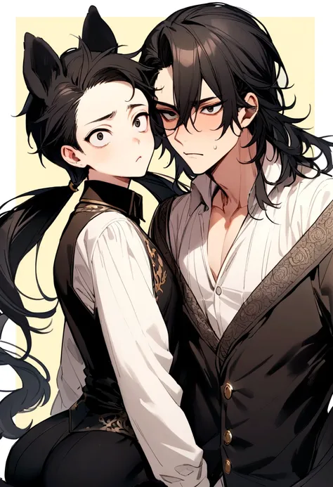 aggressive tender sexy boy, long black hair, big black slanted eyes,dog ears and tails,comfortable clothes 