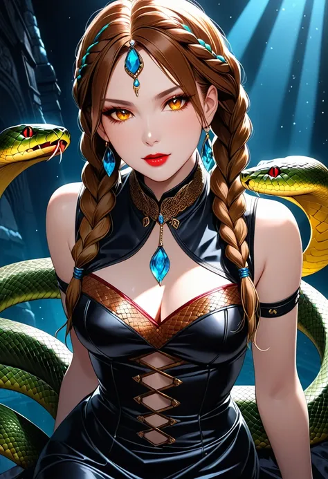 dark fantasy art  (2braids thar become living snakes: 1.5) of a beautiful woman, reptilian eyes, pale skin, having twin snake br...