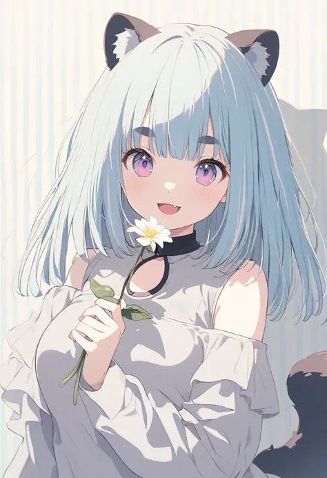 anime,(pale colors:1.8),long shot, 1girl, (on right:1.3), solo, cat mouth, dynamic angle, holding flower, smile, fang,  blue hair, bobcut, straight hair, racoon ears, racoon tail, (brown streaked hair:1.3), (blunt bangs) ,thick eyebrows, big breast, off sh...