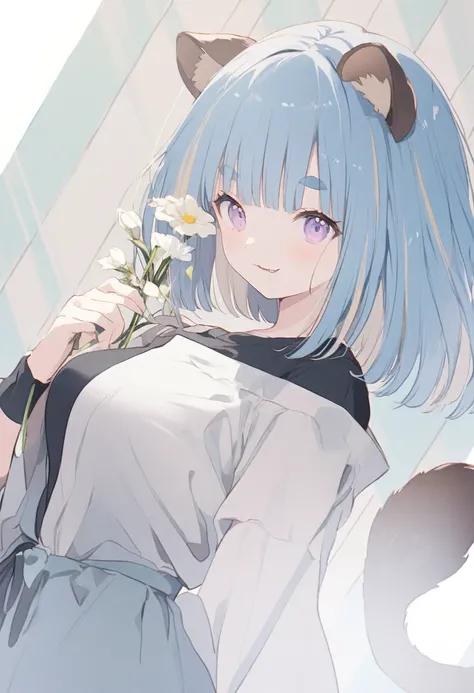 anime,(pale colors:1.8),long shot, 1girl, (on right:1.3), solo, cat mouth, dynamic angle, holding flower, smile, fang,  blue hair, bobcut, straight hair, racoon ears, racoon tail, (brown streaked hair:1.3), (blunt bangs) ,thick eyebrows, big breast, off sh...