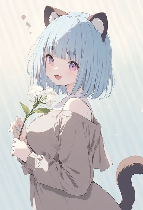 anime,(pale colors:1.8),long shot, 1girl, (on right:1.3), solo, cat mouth, dynamic angle, holding flower, smile, fang,  blue hair, bobcut, straight hair, racoon ears, racoon tail, (brown streaked hair:1.3), (blunt bangs) ,thick eyebrows, big breast, off sh...