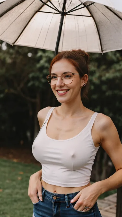 a mature woman, redhead, with freckles on her face, very thin body, thin waist, showing her ribs, hair bun, framed glasses, pimples on her face, strange smile, pink cheeks with embarrassment, pimples on her face, ((using a white tank top with thin straps w...