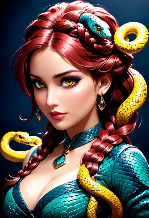 dark fantasy art  (2braids thar become living snakes: 1.5) ((2 identical braids that become snakes: 1.5))of a beautiful woman, reptilian eyes, pale skin, having twin snake braids, ((only two braids made from living snakes: 1.3)) each braid a snake coming o...