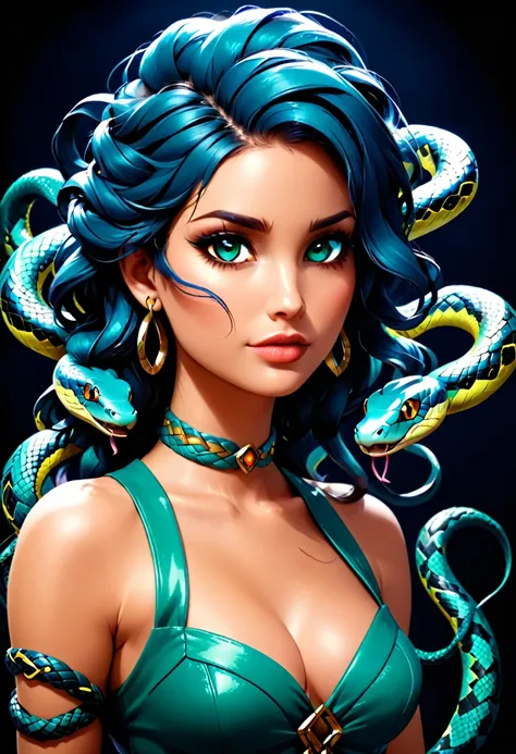 dark fantasy art  (2braids thar become living snakes: 1.5) ((2 identical braids that become snakes: 1.5))of a beautiful woman, r...