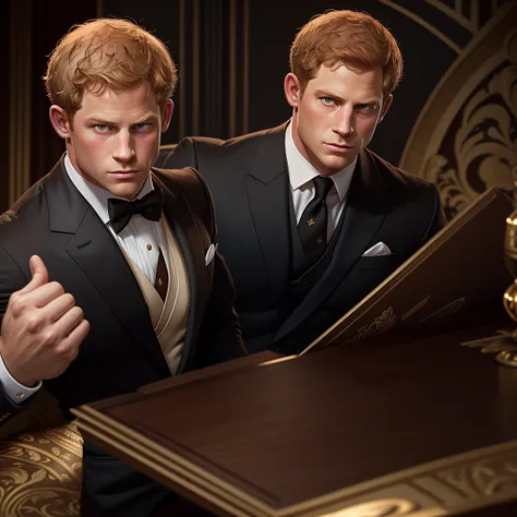 lustration in leyendecker style : muscular and pumped-up prince harry as james bond , agent 007, in an expensive suit