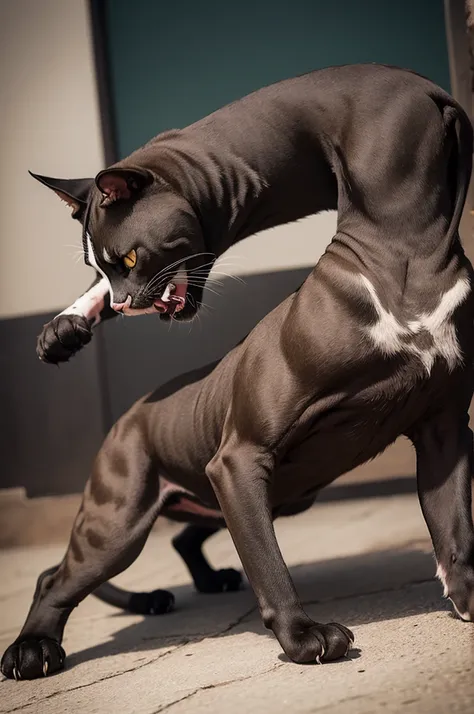 Angry cats scratching pitbull, surrealistic