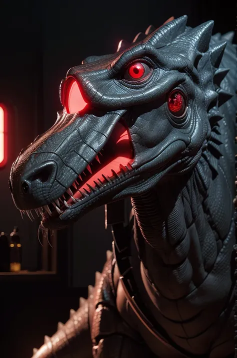 Dinosaur-shaped robot, glowing red eyes, 