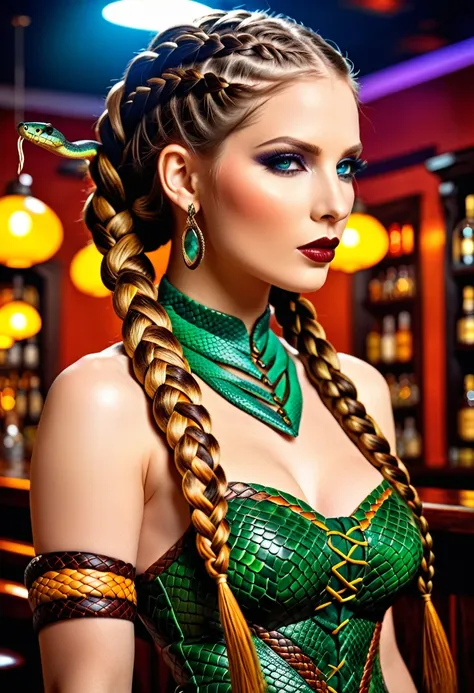 dark fantasy art (2braids thar become living snakes: 1.5) of a beautiful woman, reptilian eyes, pale skin, having twin snake braids, ((only two braids made from living snakes: 1.3)) each braid a snake coming out the womans head, living snake, hissing snake...