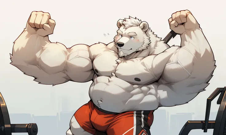 masterpiece, best quality, 8k resolution, Very detailed, hairy，(((polar bear))，(((Mature)))，(((beard))),(((Strong)))，(((White hair all over body)))，portrait，(((White hair)))，(((Gymnasium)))，(((Left hand pulling the handle)))，For the audience，(((black gym s...