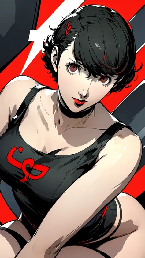 1 girl, very Short hair, black hair, red eyes, black lipstick, black choker, portrait, tank top, persona 5 style