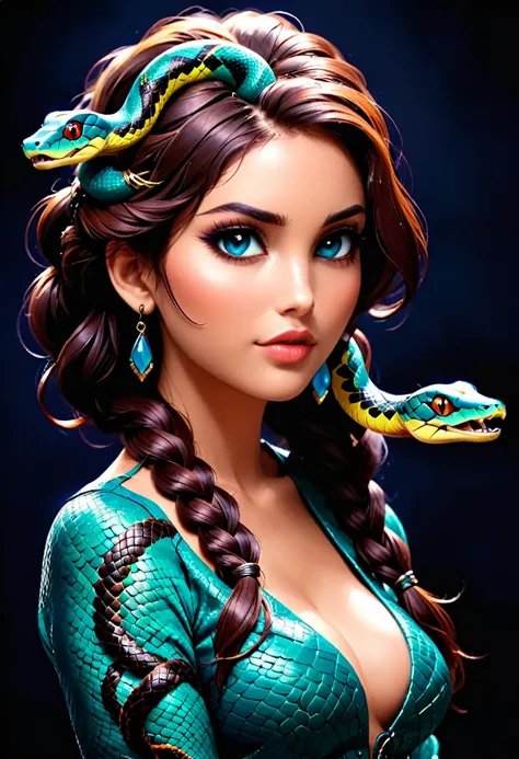 dark fantasy art  (2braids thar become living snakes: 1.5) ((2 identical braids that become snakes: 1.5))of a beautiful woman, reptilian eyes, pale skin, having twin snake braids, ((only two braids made from living snakes: 1.3)) each braid a snake coming o...