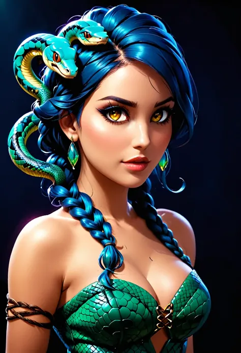 dark fantasy art  (2braids thar become living snakes: 1.5) ((2 identical braids that become snakes: 1.5))of a beautiful woman, reptilian eyes, pale skin, having twin snake braids, ((only two braids made from living snakes: 1.3)) each braid a snake coming o...