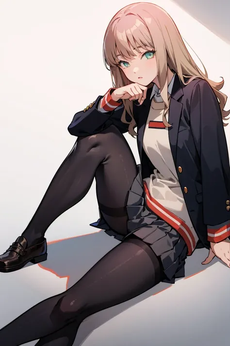 MinamiSchoolUniform, black pantyhose, black jacket, sitting, highly detailed, (masterpiece, best quality, highres)