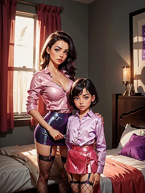 (highres,realistic:1.2),beautiful,cute mother and teen daughter standing in bedroom, mother wearing sexy latex violet miniskirt,...