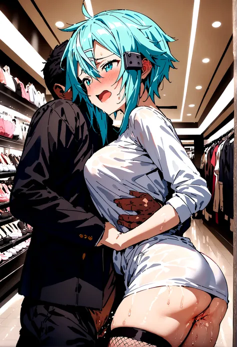 NSFW,masterpiece,Highest quality,High resolution,Super detailed,Sinon(Sword Art Online),Jacket,White T-shirt,cropped,mini skirt,Fishnet tights,Embarrassed,expectant face,blush,Shopping mall,Lingerie Shop,Underwear section,Date,(Suspicious Men),(Molester),A...