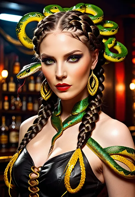 dark fantasy art (2braids thar become living snakes: 1.5) of a beautiful woman, reptilian eyes, pale skin, having twin snake bra...