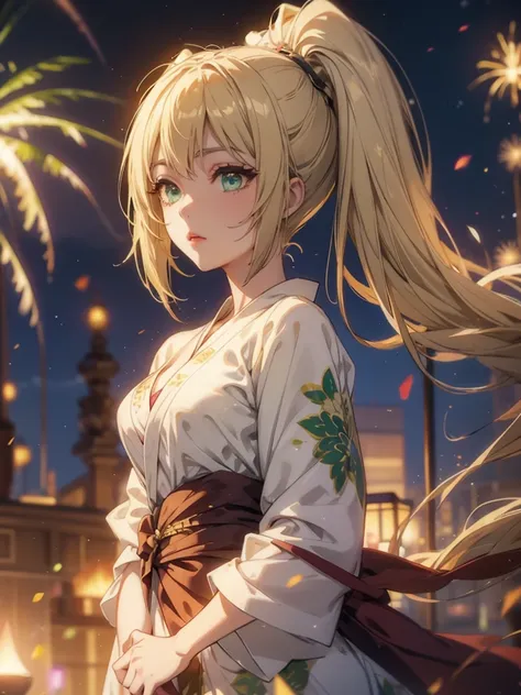 Layla , kimono night in firework , blonde hair, pigtailed haired , long hair , green eyes