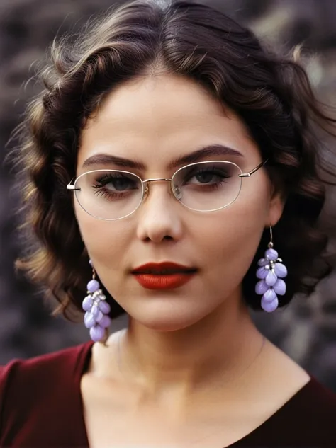 slightly curly hair, Frameless glasses, small spots under the corners of the mouth, / Pay attention to lilac earrings, slightly closed mouth, red-lips, surrealism, high detail, Strong chiaroscuro, film grains, the panorama, extra high resolution, Precise, ...