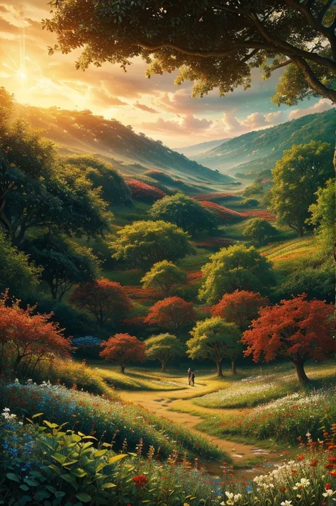 intricate,intertwining,slithering through a field of red, blue, white and golden flowers,highly detailed,photorealistic,dramatic lighting,vibrant colors,lush foliage,ethereal atmosphere,wildlife,nature,fantasy,magical realism,mesmerizing,hypnotic movement,...