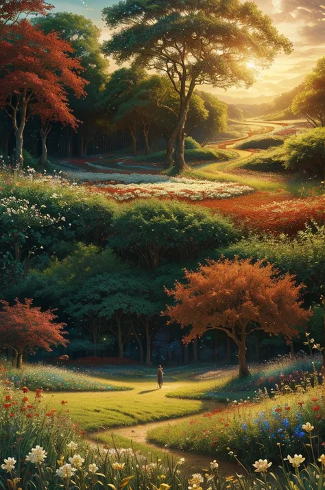 intricate,intertwining,slithering through a field of red, blue, white and golden flowers,highly detailed,photorealistic,dramatic lighting,vibrant colors,lush foliage,ethereal atmosphere,wildlife,nature,fantasy,magical realism,mesmerizing,hypnotic movement,...