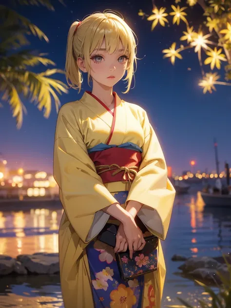 kyoko , kimono night in firework , blonde hair, pigtailed haired , yellowish eyes