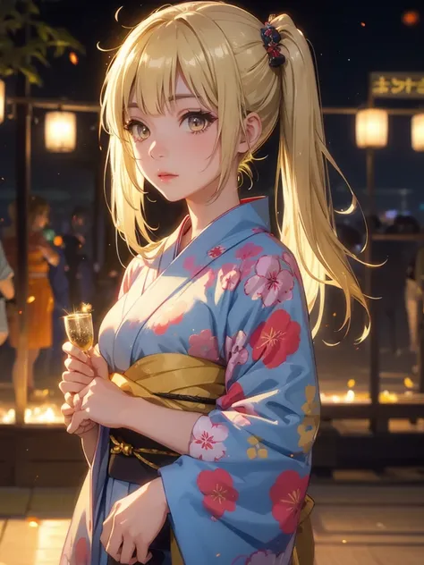 Kyoko , kimono night in firework , blonde hair, pigtailed haired , yellowish eyes