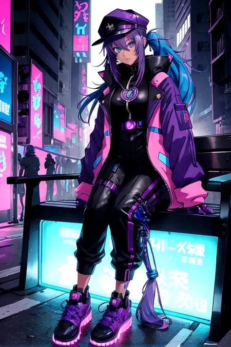 Futuristic anime cool hip-hop girl, long asymmetrical purple hair with blue tips, blue eyes, wearing a high-tech office suit style with LED accents, cyberpunk LED accessories, black LED hip-hop cap. Sitting Confident Posing as hip-hop on the bench.  The co...