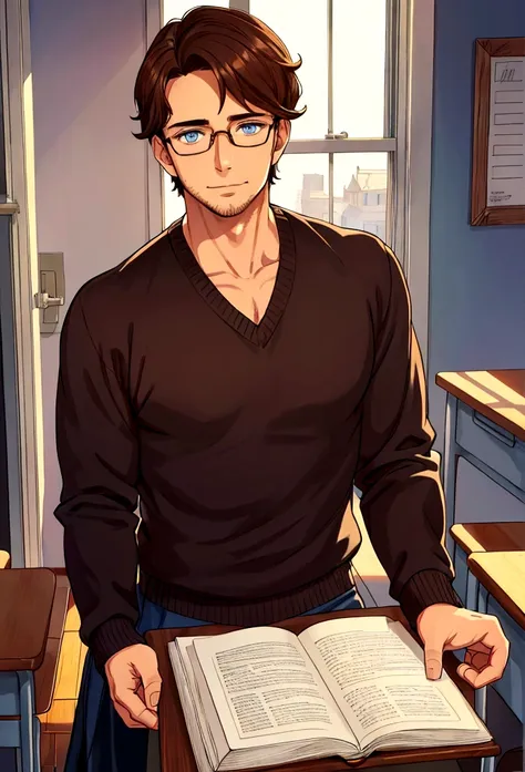 handsome man with brown hair and blue eyes, wearing a sweater, soft smile, classroom setting, round framed glasses, painted