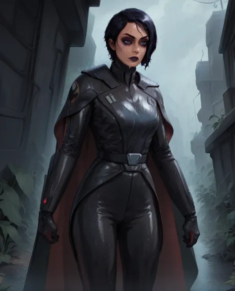 score_9,score_8_up,score_7_up,score_6_up, black woman sabine wren ,,black hair, full body, wet, armor,gloves,black bodysuit,blac...