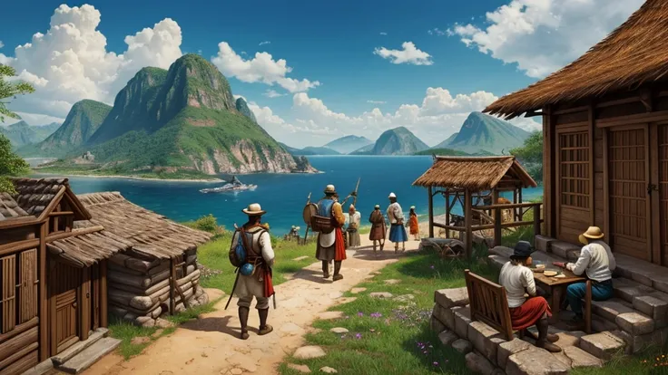 Create a detailed and dynamic depiction of how The Age of Exploration transformed societies and economies on a global scale. The scene should include the following elements:
Colonization and Settlements: Show scenes of European settlers establishing coloni...