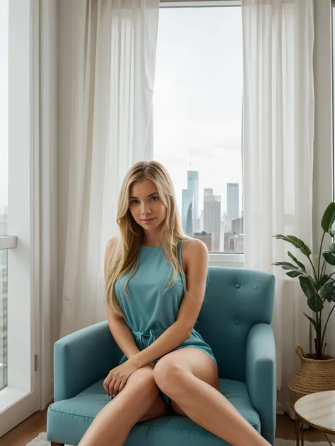 A young woman with long blonde hair sits in an elegant, teal-colored armchair by a large window overlooking a cityscape with skyscrapers. She is naked. The soft, natural light from the window illuminates her face and highlights the serene, relaxed ambiance...