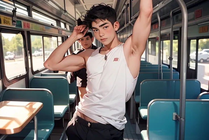 grasp、、((19-year-old short-haired boy)) in tank top grabs butt on bus、Raising arms to show armpits、shortpants、Fat uncle touching boys ass１a person、Grabbing the buttockolesting、Touching your buttocks on the bus、red blush、