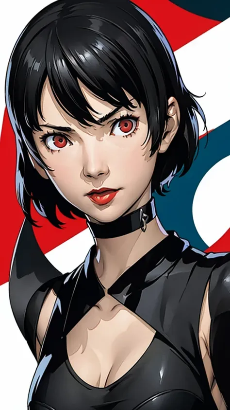 1 girl, very Short hair, black hair, red eyes, lipstick, black choker, face portrait, tank top, shigenori soejima style