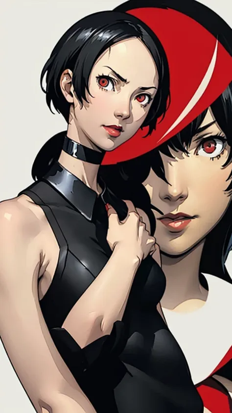 1 girl, very Short hair, black hair, red eyes, lipstick, black choker, face portrait, tank top, shigenori soejima style