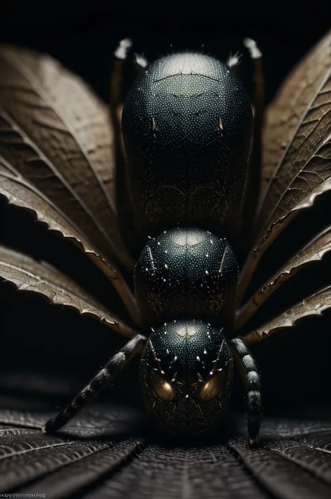 detailed spider, spider sitting on a leaf, dark gloomy background, moody mysterious atmosphere, dramatic lighting, (best quality...