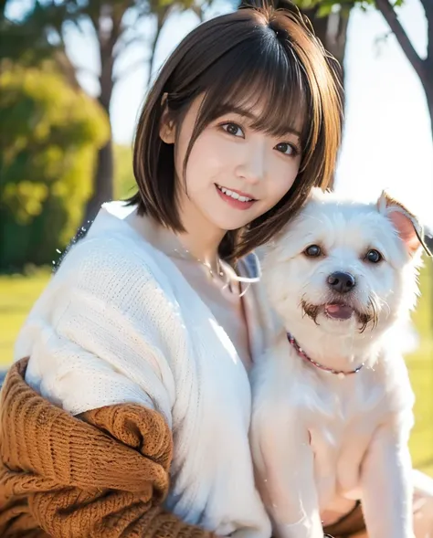 being with a dog、a girl and a dog warming themselves by a bonfire、lens flare、hair blowing in the wind、medium short hair、、express...