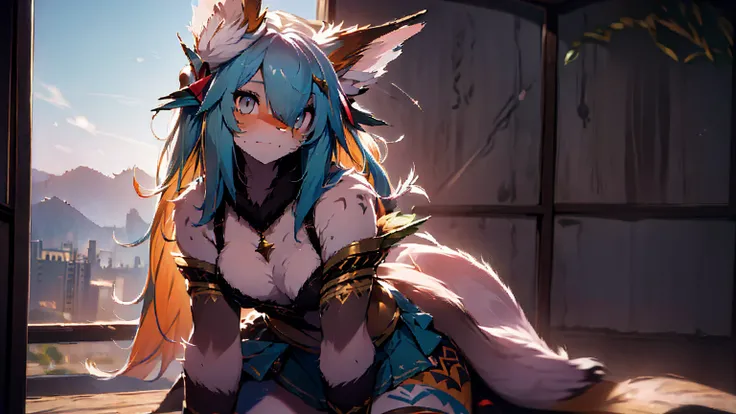 Miku Hatsune x Aloy Forbidden Horizon Dragon West Armor Tenack, add high definition_detail:1, blue fur,kitsune ears, tribal tattoo add_detail:1, sensual pose against the wall add_details:1, tribal feather necklace, rainbow feather skirt, Tribal feather bod...