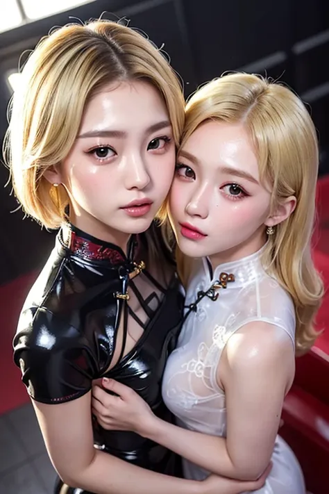 ((blank background)),(((two girls in cheongsam))),(one is a 15-year-old korean kpop idol，blonde short hair.),(one is an 15-year-...