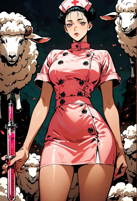 (jujutsu kaisen art style), stuffed sheep standing, has a giant syringe , is wearing nurse outfit, non human, artwork