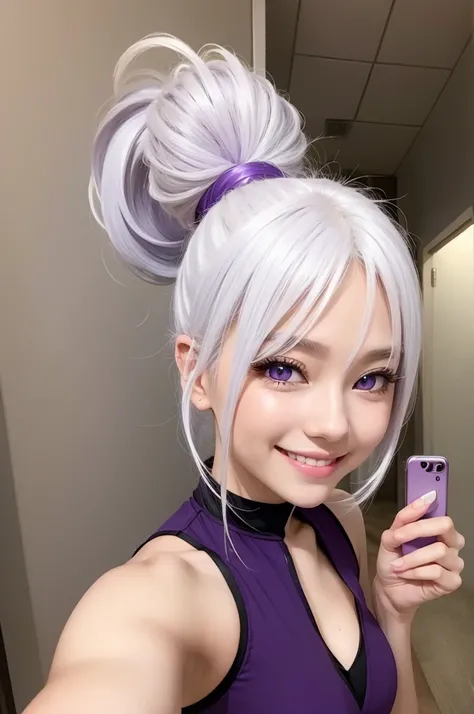 1 anime gorgeous fit girl, ponytail white hair, purple eyes, selfie, cute smile