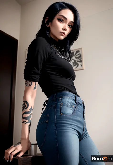 arafed woman with tattoos posing for a picture in a room, Tattoo sleeve on her right arm, wearing a dark shirt and jeans, with tattoos, wearing a shirt and jeans, 2 4 year old female model, Jeans und T-Shirt, Close-up of a skinny, colored, of taiwanese gir...