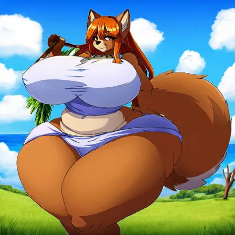 Wolf, female, long hair, enormous breasts, enormous hips, enormous thighs, dipstick tail, fluffy tail, wearing toga